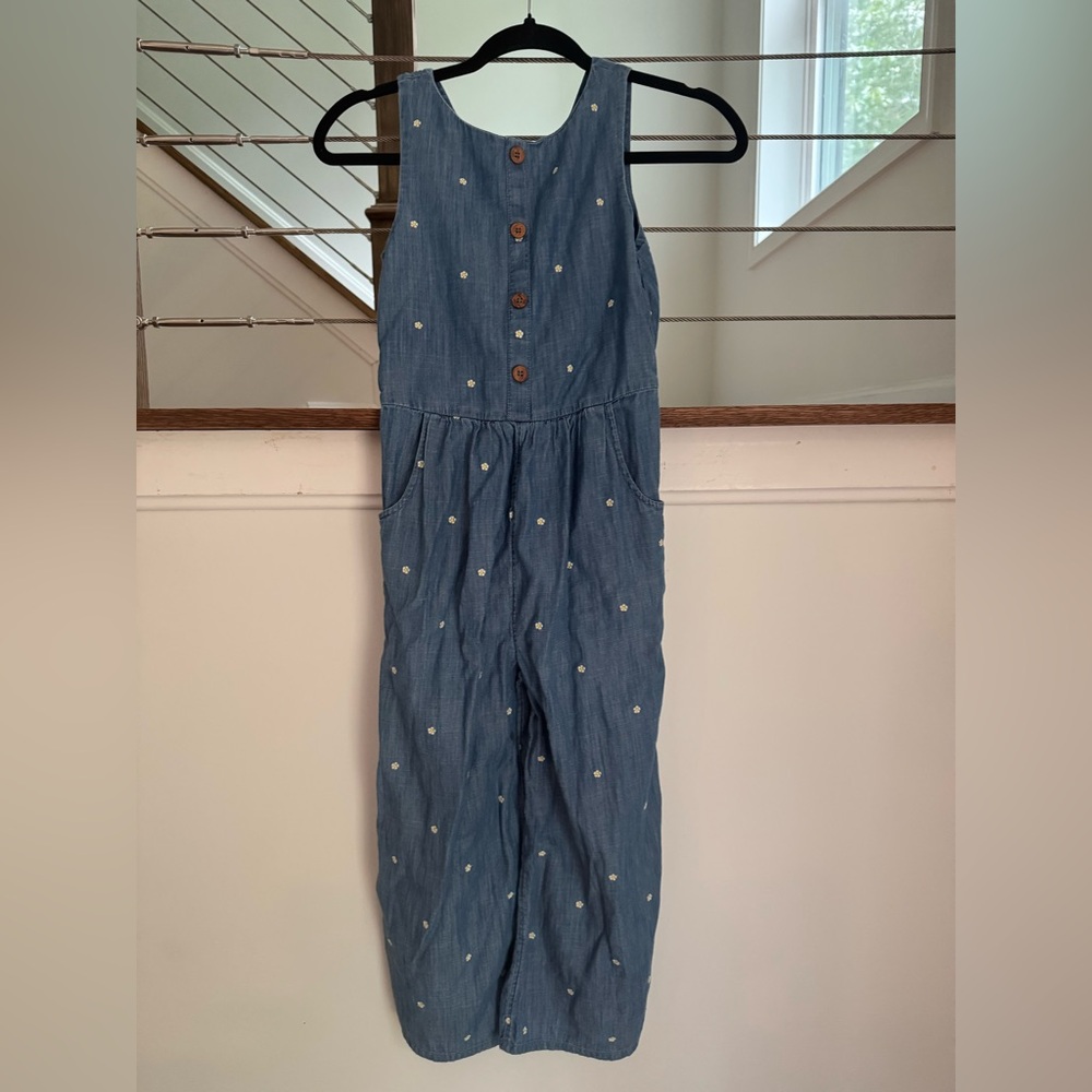 Boden kids Light Blue Chambray jumpsuit with Yellow flower Accent